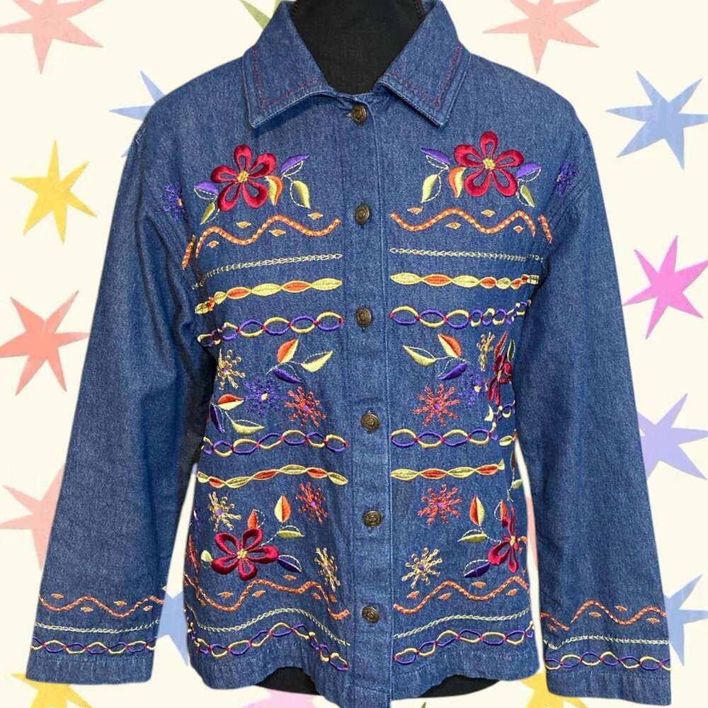 VTG Bechamel blue denim embroidered floral button up jacket size PS